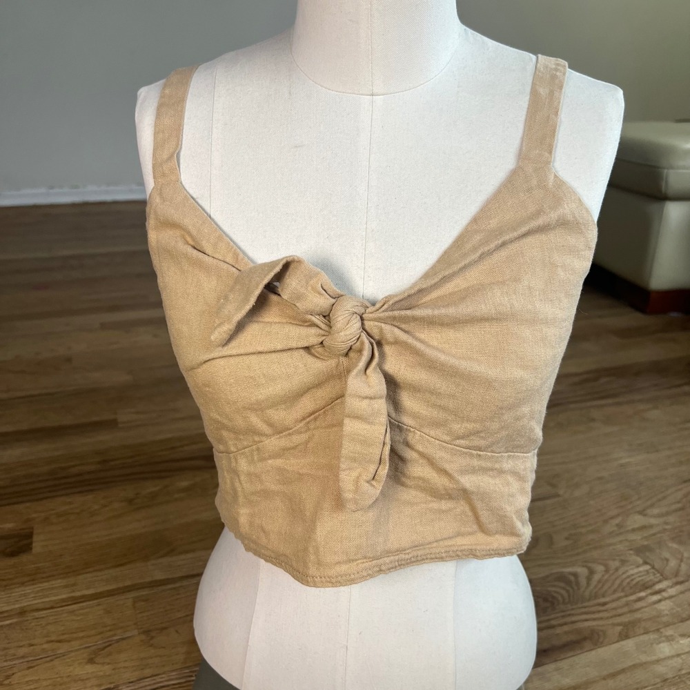 Universal Thread‎ Tan Linen Blend Tie Front Smocked Crop Top Tan Medium